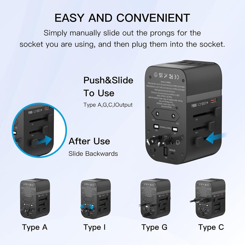 HAPOW Universal Travel Adapter, PD100W International Power Adapter,3 USB-C & 2 USB-A Fast Charging Travel Charger, All in One Worldwide Travel Plug Adapter, Outlet Adapter for EU UK USA AU, Black - Image 5